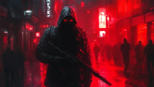 Crimson-eyed phantom stalks neon-soaked midnight streets.