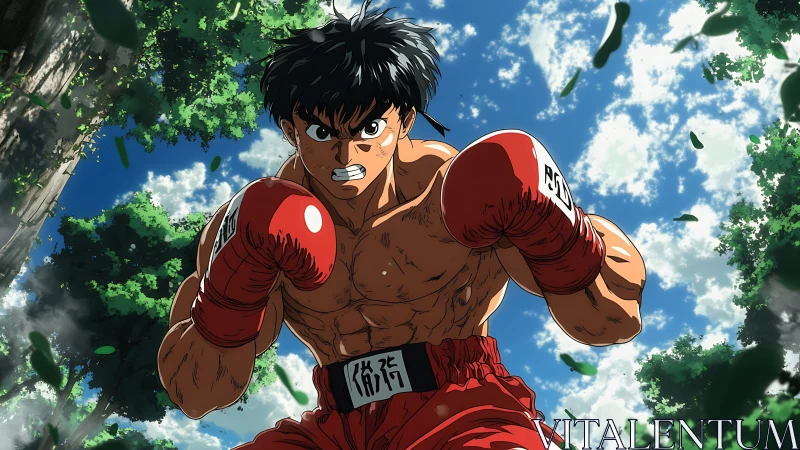 Anime boxer drives forward under bright forest sky.