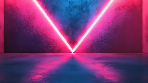 Neon pink V light in empty blue and magenta room interior.