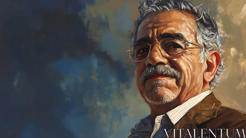 Portrait of older man with glasses against abstract sky.