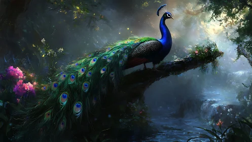 Iridescent peacock on mossed branch above misted forest stream