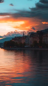 Urban waterfront skyline under vivid sunset clouds period
