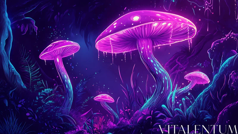 Neon bioluminescent mushrooms illuminate stylized alien forest