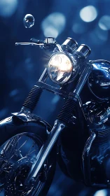 Chrome motorcycle front view with headlight in blue light.