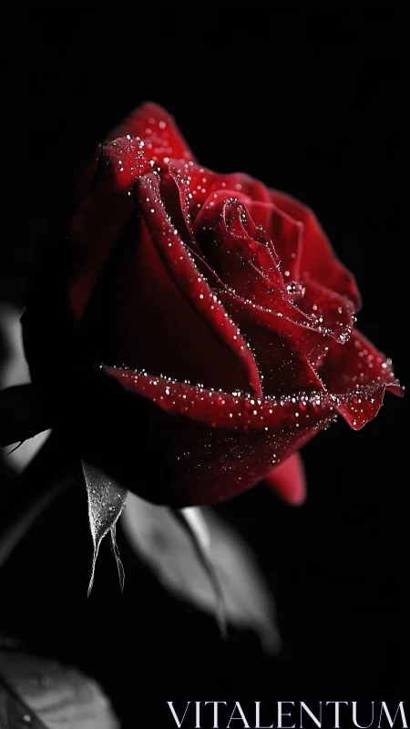 Crimson Rose Glistens Against Velvet Darkness