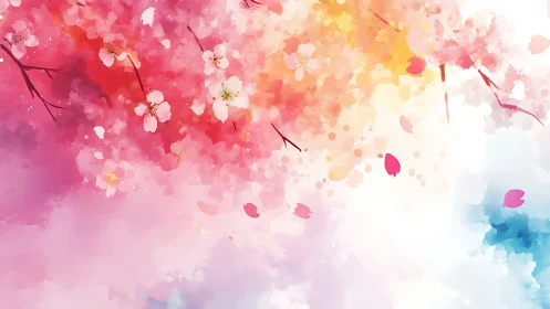 Sakura branches with watercolor bokeh gradients in spring sky