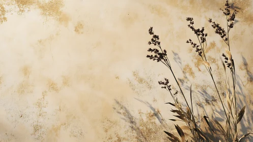 Dry plant shadows on aged beige plaster wall background.