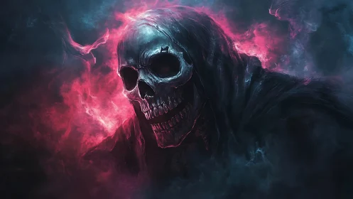 Hooded spectral skull emerges through neon magenta vapor clouds