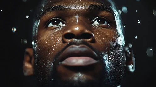 Portrait with crystalline surface coating and atmospheric particles.