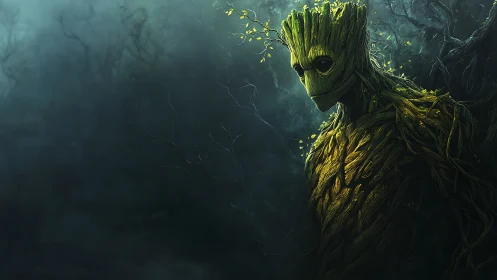 Forest sentinel leans from shadow, stitched from living wood