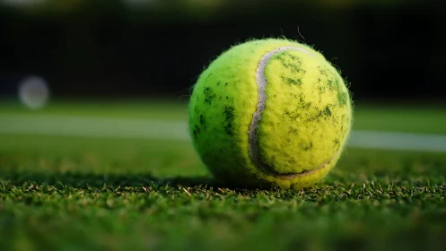 Weathered tennis ball resting on sunlit grass court.