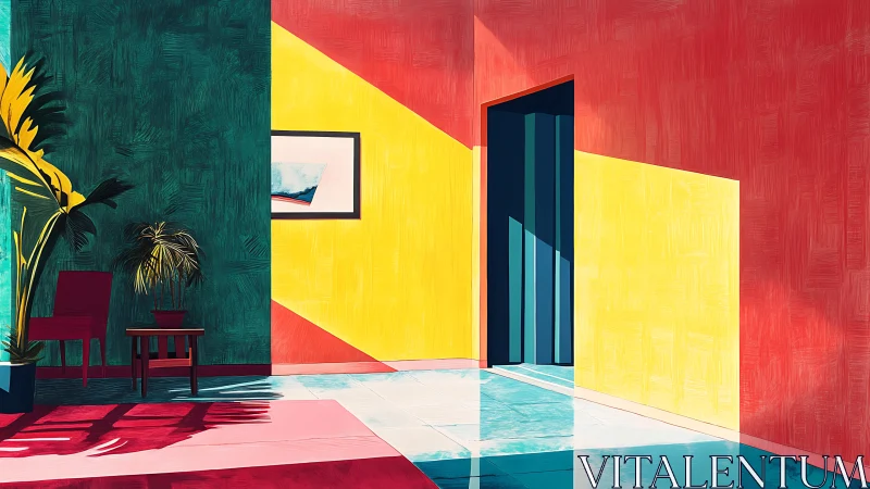 Digital painting of geometric sunlit interior with bold chroma walls.