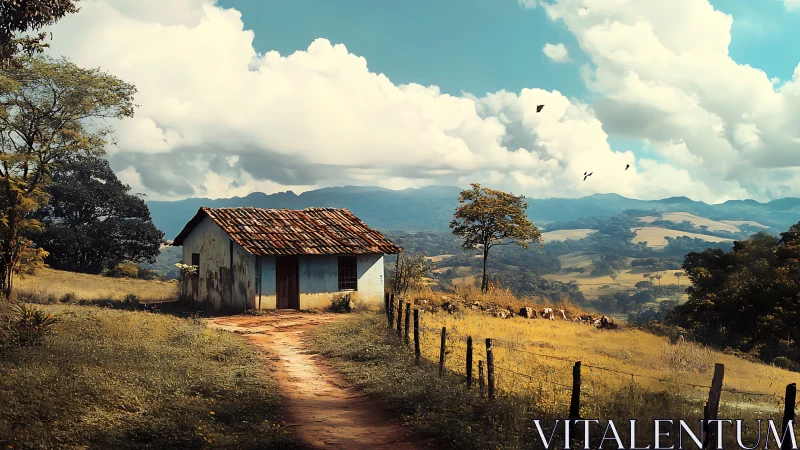 Rustic country cottage along winding ochre farm track.