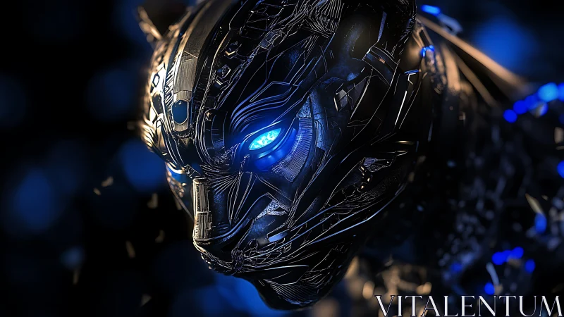 Futuristic cyber panther glowing softly in deep blue light.