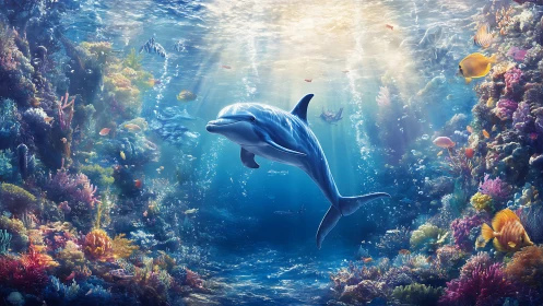 Sunlit dolphin drifts through a coral cathedral of color.
