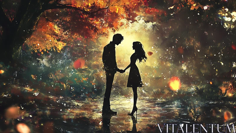 Silhouetted Encounter: Illuminated Romance Amid Abstract Fire.