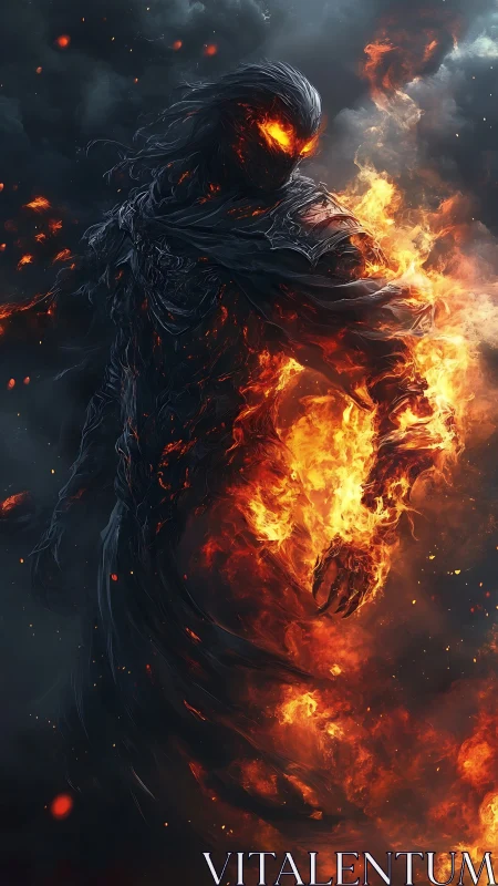 Fire wraith emerges from smoke, molten eyes blazing bright.