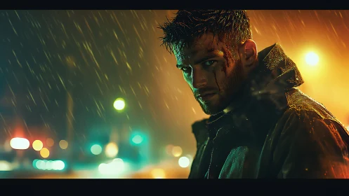Man with bloodied face stands in rainy neon city street