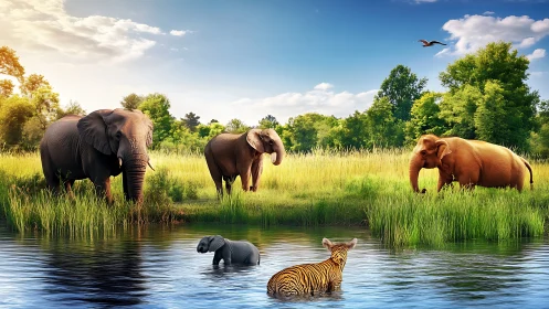 Elephants and tiger-striped calf share a sunlit riverside dream.