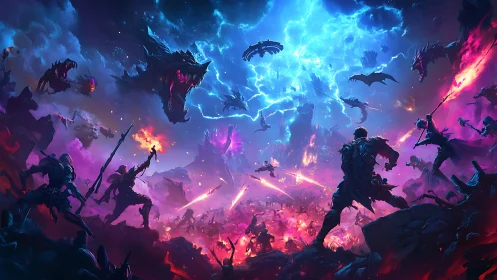 Mythic warriors confront stormlit dragons in cosmic siege.