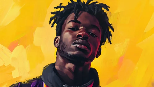 Expressive digital portrait with bold yellow brushwork backdrop.