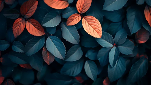 Copper leaves amid teal foliage in moody soft focus.