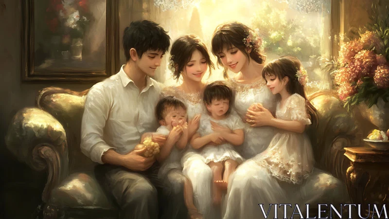 Warm family portrait on vintage sofa in soft golden light