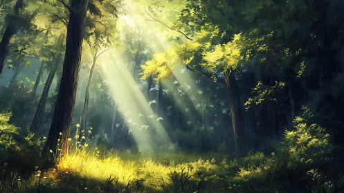 Sunlit forest clearing where gentle light invites quiet wonder.