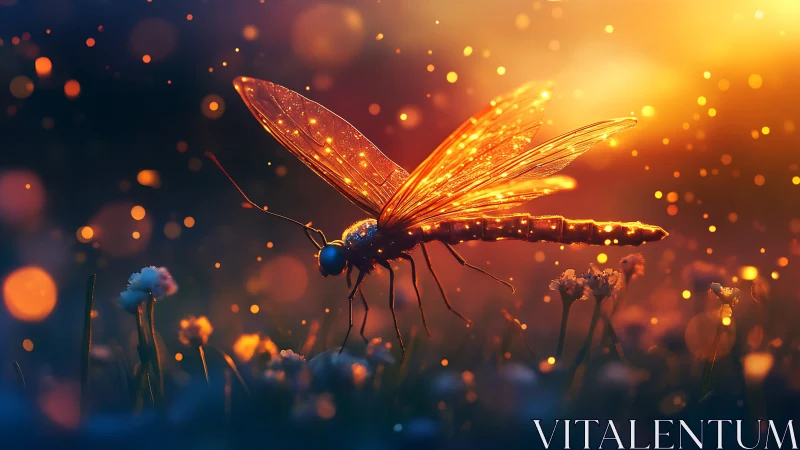 Glowing dragonfly rests in golden twilight over tiny flowers