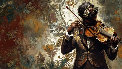 Violinist in ornate suit against floral textured wall.