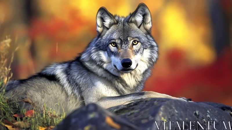 Wolf rests on mossy rock against glowing autumn forest.