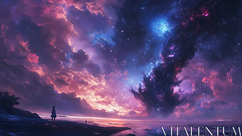 Celestial vortex over tidal shore in luminous nebular dusk.