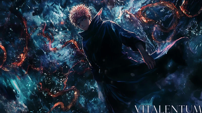 Storm-lit anime sorcerer amid swirling crimson tendrils.