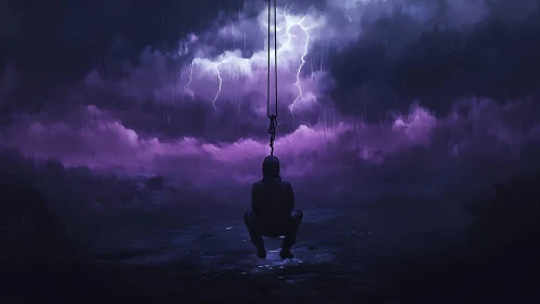 Solitary hooded figure suspended under stormy sky at night.