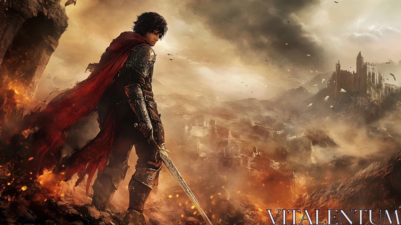 Armored swordsman surveys burning valley under storm-lit sky