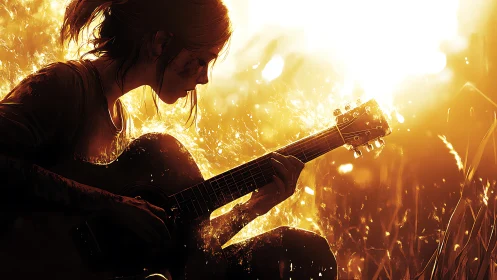 Backlit guitarist silhouette in blazing golden field glow.