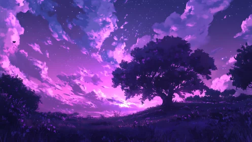 Violet twilight landscape with silhouetted lone tree.