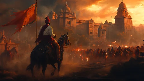 Mounted warrior leads cavalry charge toward fortified palace