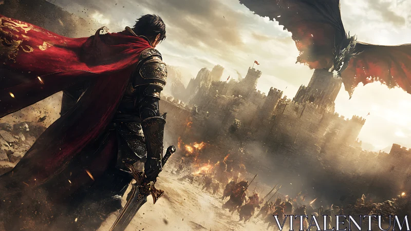 Armored warrior confronts fire dragon above besieged citadel.