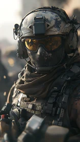 Futuristic tactical soldier with helmet and combat gear.