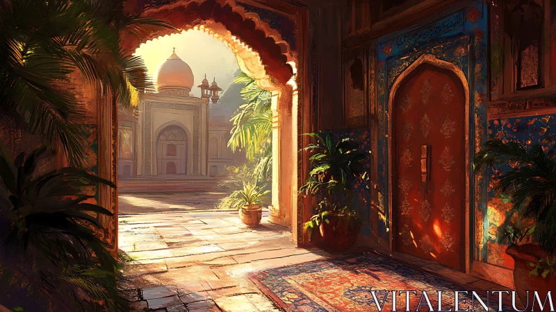 Sunlit palace courtyard through a jeweled scarlet doorway.