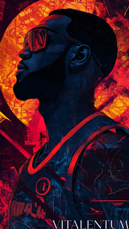 Neon-lit athlete profile against molten solar backdrop silhouette