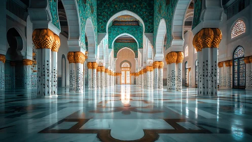Ornate mosque interior shows luminous arches and patterned columns