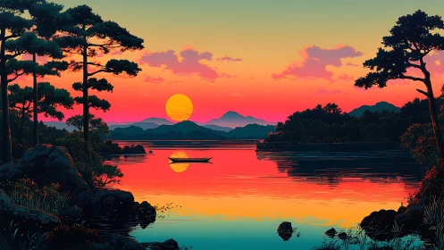 Neon-gradient lake sunset with silhouetted pines and boat