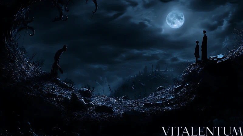 Moonlit silhouettes on rocky ravine under cloudy night sky.