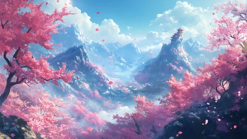 Cherry blossom highlands with distant pagoda at sunrise.