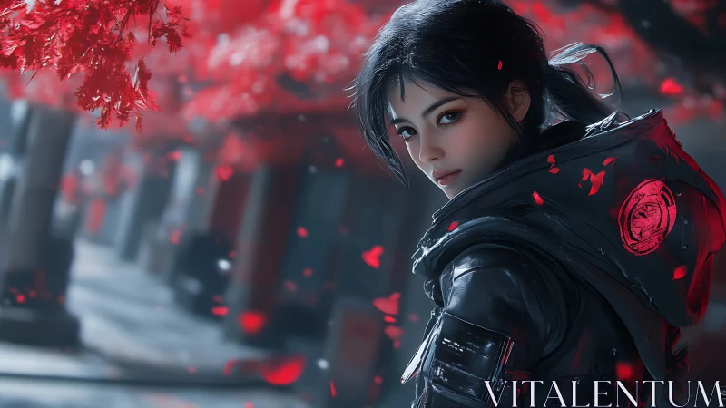 Mystery warrior walks under crimson leaves and meets your gaze