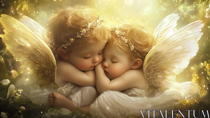 Sleeping twin angel babies in soft golden forest light.
