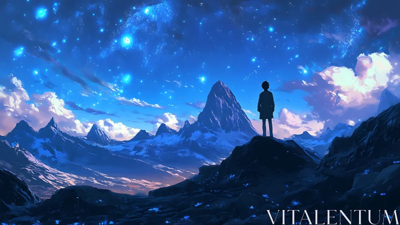Silhouette observes starfield above digitally rendered peaks
