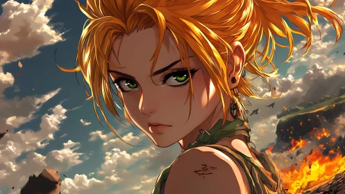 War-torn sunset heroine with intense green gaze and flames.